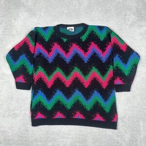 Classic Essentials Vintage Neon Chevron Zigzag Knit Sweater Black Multi 80s XL‎
